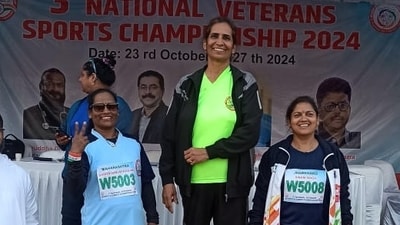 Suman(centre), 53-years-old, won two gold medals in the Masters Athletics Championship and the Veterans Sports & Games Championship in 2024 Suman(centre), 53-years-old, won two gold medals in the Masters Athletics Championship and the Veterans Sports & Games Championship in 2024