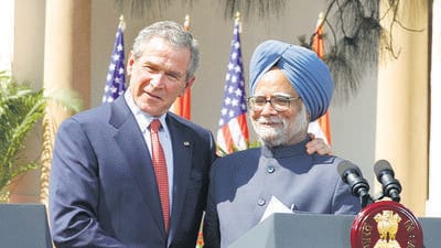 Former US President George W Bush and the then PM Minister Manmohan Singh at a press conference after finalising the India-US civilian nuclear deal on March 2, 2006. (HT Archive) Former US President George W Bush and the then PM Minister Manmohan Singh at a press conference after finalising the India-US civilian nuclear deal on March 2, 2006. (HT Archive)