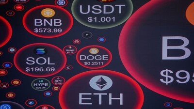 A screen showing the price of various cryptocurrencies against the US dollar displayed at a Crypto Panda cryptocurrency store in Hong Kong, China, on Monday, Feb. 3, 2025. (Lam Yik/Bloomberg)