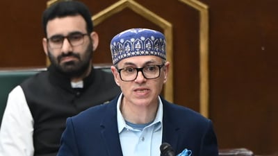 Jammu and Kashmir chief minister Omar Abdullah presenting the Budget 2025-26 during the Budget session of Jammu and Kashmir  Assembly, in Jammu,on 07 March 2025. (Waseem Andrabi/HT Photo)