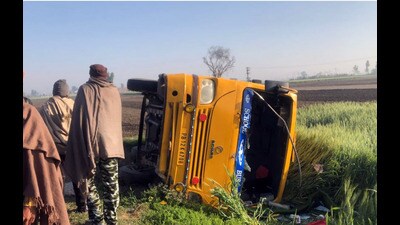 Seven students of the Government Senior Secondary School of Eminence in Moga district suffered minor injuries after their bus overturned on the road on Friday. (Sanjeev Kumar/HT)