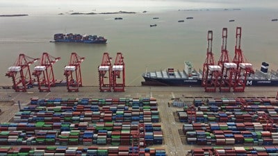 Shipping containers at a deserted port in Shanghai, in 2022. (Getty Images) Shipping containers at a deserted port in Shanghai, in 2022. (Getty Images)