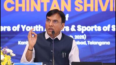 Sports minister Mansukh Mandaviya at the Chinatn Shivir in Hyderabad. (SAI) Sports minister Mansukh Mandaviya at the Chinatn Shivir in Hyderabad. (SAI)