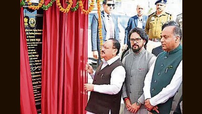 Union minister JP Nadda inaugurates new facilities at the AIIMS in Bilaspur on Friday.   (HT photo)