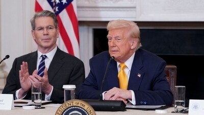 Scott Bessent, US treasury secretary, from left, US President Donald Trump, and David Sacks, White House Artificial Intelligence (AI) and Crypto czar, during The White House Digital Assets Summit in the State Dining Room of the White House in Washington, DC, US, on Friday, March 7, 2025. (Bloomberg) Scott Bessent, US treasury secretary, from left, US President Donald Trump, and David Sacks, White House Artificial Intelligence (AI) and Crypto czar, during The White House Digital Assets Summit in the State Dining Room of the White House in Washington, DC, US, on Friday, March 7, 2025. (Bloomberg)
