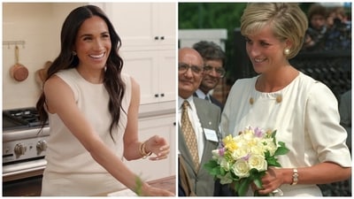 Meghan Markle wears the Cartier tank watch she inherited from Princess Diana. Meghan Markle wears the Cartier tank watch she inherited from Princess Diana.