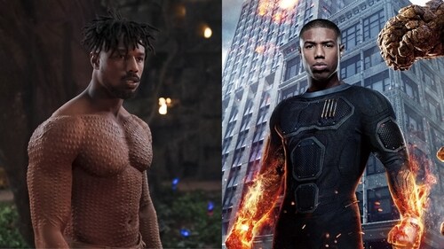 Michael B Jordan as Killmonger (Black Panther) and Human Torch (Fantastic Four)