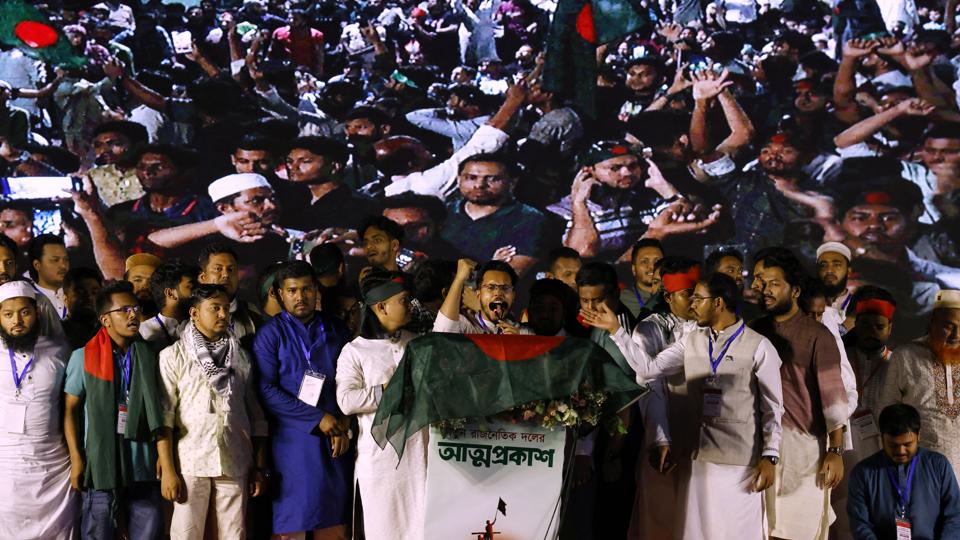 Nahid Islam, who was named as the head of the newly formed Jatiya Nagarik Party, or National Citizen Party, is projected on a digital screen as he speaks to supporters from a podium, in Dhaka, Bangladesh, Friday, Feb. 28 (REUTERS) Nahid Islam, who was named as the head of the newly formed Jatiya Nagarik Party, or National Citizen Party, is projected on a digital screen as he speaks to supporters from a podium, in Dhaka, Bangladesh, Friday, Feb. 28 (REUTERS)