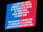 Soccer Football - LaLiga - FC Barcelona v Osasuna - Estadi Olimpic Lluis Companys, Barcelona, Spain - March 8, 2025 A message is displayed on the screen advising that the match has been postponed due to the death of Carlos Minarro Garcia, a member of FC Barcelona's medical staff. 