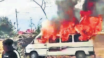 A vehicle was set afire during the latest wave of violence in the Kangpokpi district of Manipur on Saturday. (ANI) A vehicle was set afire during the latest wave of violence in the Kangpokpi district of Manipur on Saturday. (ANI)
