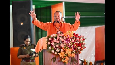 Chief minister Yogi Adityanath addressing the gathering at Dadri NTPC . (HT) Chief minister Yogi Adityanath addressing the gathering at Dadri NTPC . (HT)