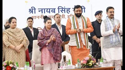 Haryana chief minister Nayab Singh Saini at the Mahila Samman Samaroh in Panchkula on Saturday. (HT Photo) Haryana chief minister Nayab Singh Saini at the Mahila Samman Samaroh in Panchkula on Saturday. (HT Photo)