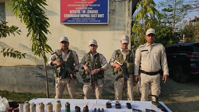 Security personnel display the arms and ammunition surrendered by the public from Churachandpur, Imphal East, and Kangpokpi districts of Manipur. (PTI) Security personnel display the arms and ammunition surrendered by the public from Churachandpur, Imphal East, and Kangpokpi districts of Manipur. (PTI)