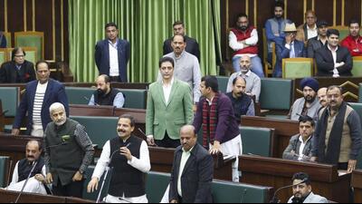 Opposition leaders raising slogans during the budget session of the Jammu and Kashmir assembly in Jammu on Saturday. (PTI Photo) Opposition leaders raising slogans during the budget session of the Jammu and Kashmir assembly in Jammu on Saturday. (PTI Photo)