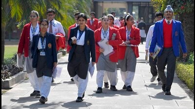 Students coming out of examination centre at Guru Nanak Public School in Ludhiana on Saturday. (Manish/HT)