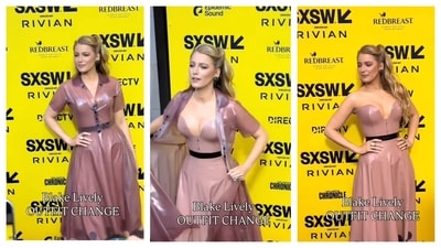 Blake Lively removed her latex jacket to reveal a latex dress.