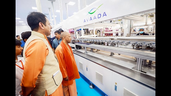 Chief minister Yogi Adityanath during the inauguration ceremony of the 1.5 GW solar module manufacturing giga factory built by Avaada Group and 5 GW solar module manufacturing unit, in Gautam Buddha Nagar on Saturday. (ANI)