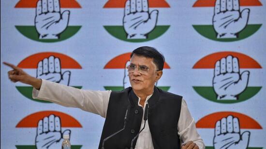 Congress leader Pawan Khera addresses a press conference in Delhi on Saturday. (PTI)