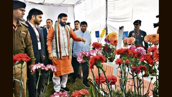 Haryana chief minister Nayab Singh Saini after inaugurating the 37th Spring Festival at Yavnika Park in Sector 5, Panchkula,on Saturday. (Sant Arora/HT)