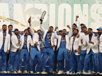 Team India players celebrate after winning the Champions Trophy title, defeating New Zealand by 4 wickets in the final on Sunday.