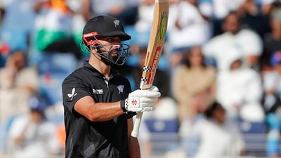 Daryl Mitchell played a gritty knock following the flurry of wickets for the Kiwis, as he notched a half-century in 91 balls. However, he was denied a late flourish, as Mitchell was dismissed for 63. (Surjeet Yadav) Daryl Mitchell played a gritty knock following the flurry of wickets for the Kiwis, as he notched a half-century in 91 balls. However, he was denied a late flourish, as Mitchell was dismissed for 63. (Surjeet Yadav)