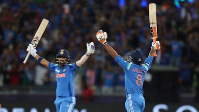 India's Ravindra Jadeja, right, and batting partner KL Rahul celebrate their win in the ICC Champions Trophy final cricket match against New Zealand at Dubai International Cricket Stadium in Dubai, United Arab Emirates, Sunday, March 9, 2025. (AP Photo/Christopher Pike) (AP) India's Ravindra Jadeja, right, and batting partner KL Rahul celebrate their win in the ICC Champions Trophy final cricket match against New Zealand at Dubai International Cricket Stadium in Dubai, United Arab Emirates, Sunday, March 9, 2025. (AP Photo/Christopher Pike) (AP)