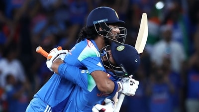 Ravindra Jadeja (R) hit the winning runs, smashing a four against William O'Rourke in the last ball of the 49th over to seal the victory and the title for India. (AFP) Ravindra Jadeja (R) hit the winning runs, smashing a four against William O'Rourke in the last ball of the 49th over to seal the victory and the title for India. (AFP)