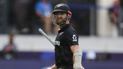 New Zealand's Kane Williamson reacts as he walks off the field after losing his wicket during the ICC Champions Trophy final cricket match between India and New Zealand at Dubai International Cricket Stadium in Dubai, United Arab Emirates, Sunday, March 9, 2025. (AP Photo/Christopher Pike) (AP) New Zealand's Kane Williamson reacts as he walks off the field after losing his wicket during the ICC Champions Trophy final cricket match between India and New Zealand at Dubai International Cricket Stadium in Dubai, United Arab Emirates, Sunday, March 9, 2025. (AP Photo/Christopher Pike) (AP)