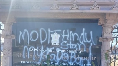 The vandalisation took place at the Bochasanwasi Akshar Purushottam Swaminarayan Sanstha in California. (X/@HinduAmerican) The vandalisation took place at the Bochasanwasi Akshar Purushottam Swaminarayan Sanstha in California. (X/@HinduAmerican)