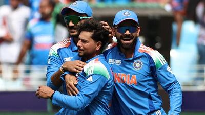 India's Kuldeep Yadav (C) celebrates the wicket of New Zealand's Kane Williamson. (AFP) India's Kuldeep Yadav (C) celebrates the wicket of New Zealand's Kane Williamson. (AFP)