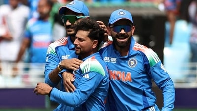 Kuldeep Yadav struck again after a few overs, dismissing another in-form batter Kane Williamson (11) to put the Kiwis firmly on the backfoot. (HT_PRINT) Kuldeep Yadav struck again after a few overs, dismissing another in-form batter Kane Williamson (11) to put the Kiwis firmly on the backfoot. (HT_PRINT)