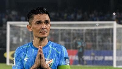 India's captain Sunil Chhetri greets his fans at the end of the FIFA World Cup 2026 Asia qualifier match against Kuwait. (AFP) India's captain Sunil Chhetri greets his fans at the end of the FIFA World Cup 2026 Asia qualifier match against Kuwait. (AFP)