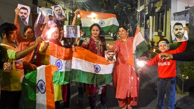 Cricket fans celebrate India's win against New Zealand in the ICC Champions Trophy 2025 in Uttar Pradesh's Moradabad. (PTI) Cricket fans celebrate India's win against New Zealand in the ICC Champions Trophy 2025 in Uttar Pradesh's Moradabad. (PTI)