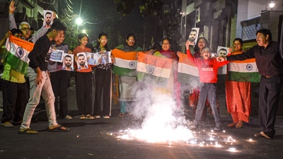 Indians celebrate the country's victory against New Zealand in the ICC Champions Trophy 2025 final cricket match in Moradabad. (PTI) Indians celebrate the country's victory against New Zealand in the ICC Champions Trophy 2025 final cricket match in Moradabad. (PTI)