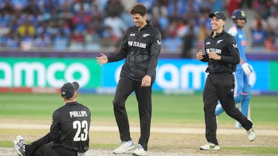 Mitchell Santner gave New Zealand the opening breakthrough, ending a 105-run partnership by dismissing Shubman Gill. However, it was Glenn Phillips, who took an incredible one-handed diving catch, stealing the spotlight. (PTI) Mitchell Santner gave New Zealand the opening breakthrough, ending a 105-run partnership by dismissing Shubman Gill. However, it was Glenn Phillips, who took an incredible one-handed diving catch, stealing the spotlight. (PTI)