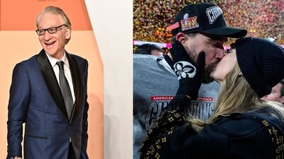 Bill Maher joked about Taylor Swift and Travis Kelce's relationship lasting over a year, noting her past short flings. (Photo by Evan Agostini/Invision/AP, AP Photo/Ashley Landis) Bill Maher joked about Taylor Swift and Travis Kelce's relationship lasting over a year, noting her past short flings. (Photo by Evan Agostini/Invision/AP, AP Photo/Ashley Landis)