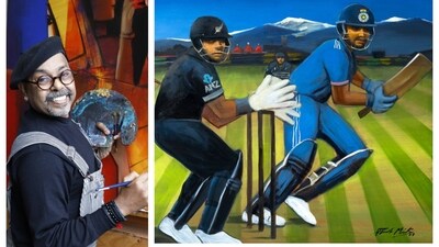 Artist Paresh Maity and one of 12 his canvases created during the ICC Men's Cricket World Cup 2023. (Photo: Shantanu Bhattacharyah/HT) Artist Paresh Maity and one of 12 his canvases created during the ICC Men's Cricket World Cup 2023. (Photo: Shantanu Bhattacharyah/HT)