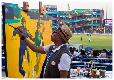 A glimpse of artist Paresh Maity painting a live match during the ICC Men's Cricket World Cup 2023. A glimpse of artist Paresh Maity painting a live match during the ICC Men's Cricket World Cup 2023.
