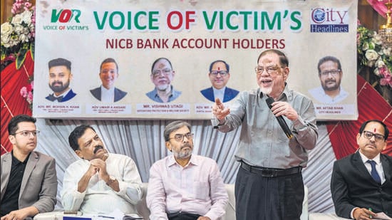 Mumbai, India - March 9, 2025: Voice of Victim's program organized in Mira Road for the depositors of New India Cooperative Bank, banking expert Vishwas Utgi provided guidance to the attending depositors in Mumbai, India, on Sunday, March 9, 2025. (Photo by Satish Bate/ Hindustan Times) (Hindustan Times)