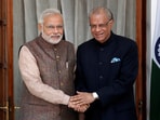 Prime Minister Narendra Modi shakes hands with his Mauritian counterpart Navinchandra Ramgoolam before the start of their bilateral meeting in New Delhi.