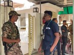 Security personnel stand guard during raids by the Enforcement Directorate (ED) on premises linked to Chaitanya Baghel, son of former Chhattisgarh chief minister and Congress leader Bhupesh Baghel.
