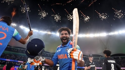 Ravindra Jadeja celebrates after hitting the match-winning boundary. 