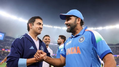 India's head coach Gautam Gambhir congratulates captain Rohit Sharma. (BCCI - X)