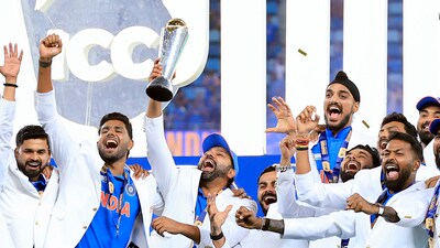 Indian players celebrate with the trophy after winning the ICC Champions Trophy 2025. (ANI)