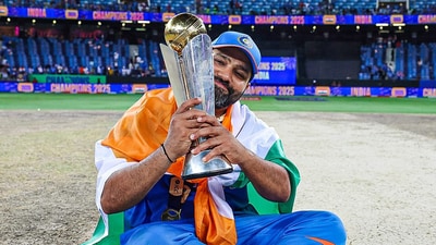 Rohit Sharma poses with the Champions Trophy, after leading India to victory. (The Khel India - X)