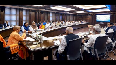 CM Yogi Adityanath holds a meeting with the cabinet at Lok Bhavan in Lucknow. (SOURCED) CM Yogi Adityanath holds a meeting with the cabinet at Lok Bhavan in Lucknow. (SOURCED)