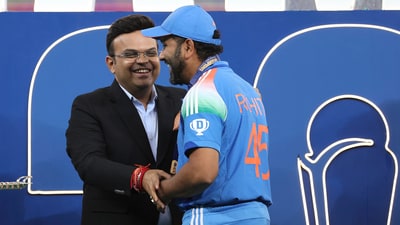 ICC Chairman Jay Shah greets India's captain Rohit Sharma during the presentation ceremony of the ICC Champions Trophy (AP) ICC Chairman Jay Shah greets India's captain Rohit Sharma during the presentation ceremony of the ICC Champions Trophy (AP)