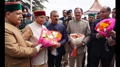 Himachal governor Shiv Pratap Shukla being welcomes by chief minister Sukhvinder Singh Sukhu in Shimla on Monday. (Deepak Sansta/HT) Himachal governor Shiv Pratap Shukla being welcomes by chief minister Sukhvinder Singh Sukhu in Shimla on Monday. (Deepak Sansta/HT)