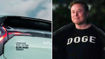 Tesla-rival Kia takes a dig at Elon Musk with a car sticker. (Instagram/@kiabilnorge) Tesla-rival Kia takes a dig at Elon Musk with a car sticker. (Instagram/@kiabilnorge)