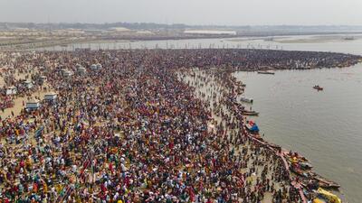 Prayagraj: An aerial view of devotees taking a holy dip at Sangam on the occasion of Mahashivratri during the ongoing Maha Kumbh Mela festival, in Prayagraj district of Uttar Pradesh. (PTI) Prayagraj: An aerial view of devotees taking a holy dip at Sangam on the occasion of Mahashivratri during the ongoing Maha Kumbh Mela festival, in Prayagraj district of Uttar Pradesh. (PTI)